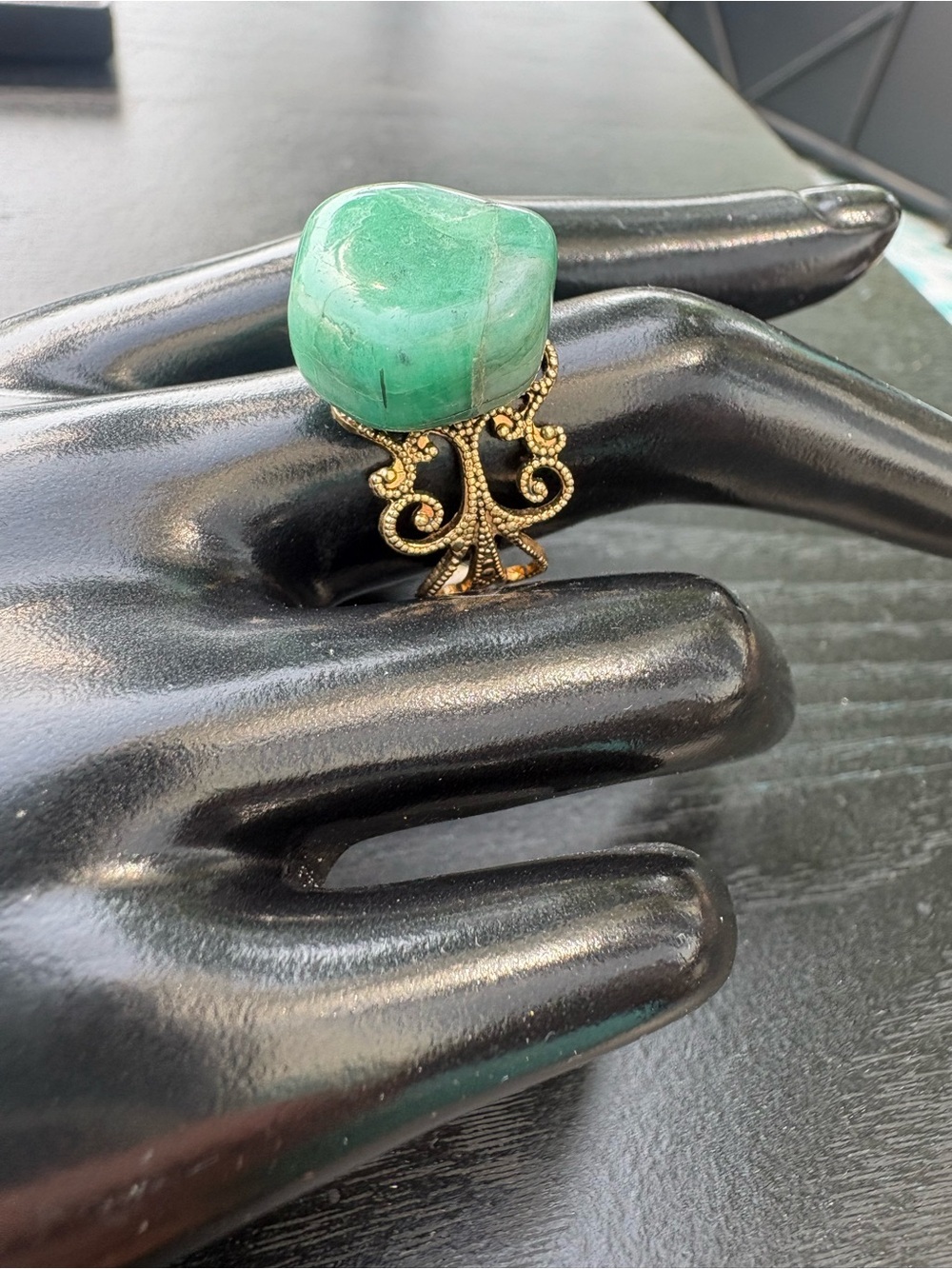 Adjustable Gold-Tone Filigree Ring with Green Gemstone